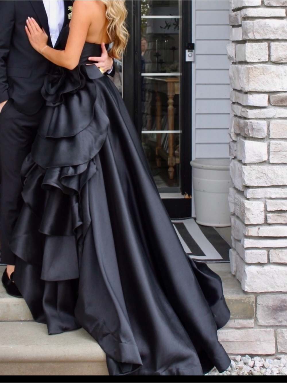 Black Strapless Satin Ball Gown with Cascading Ruffles